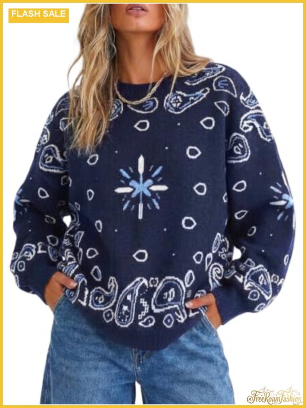 Womens Paisley Knit Pullover Sweater Ribbed Crew Neck Oversized
